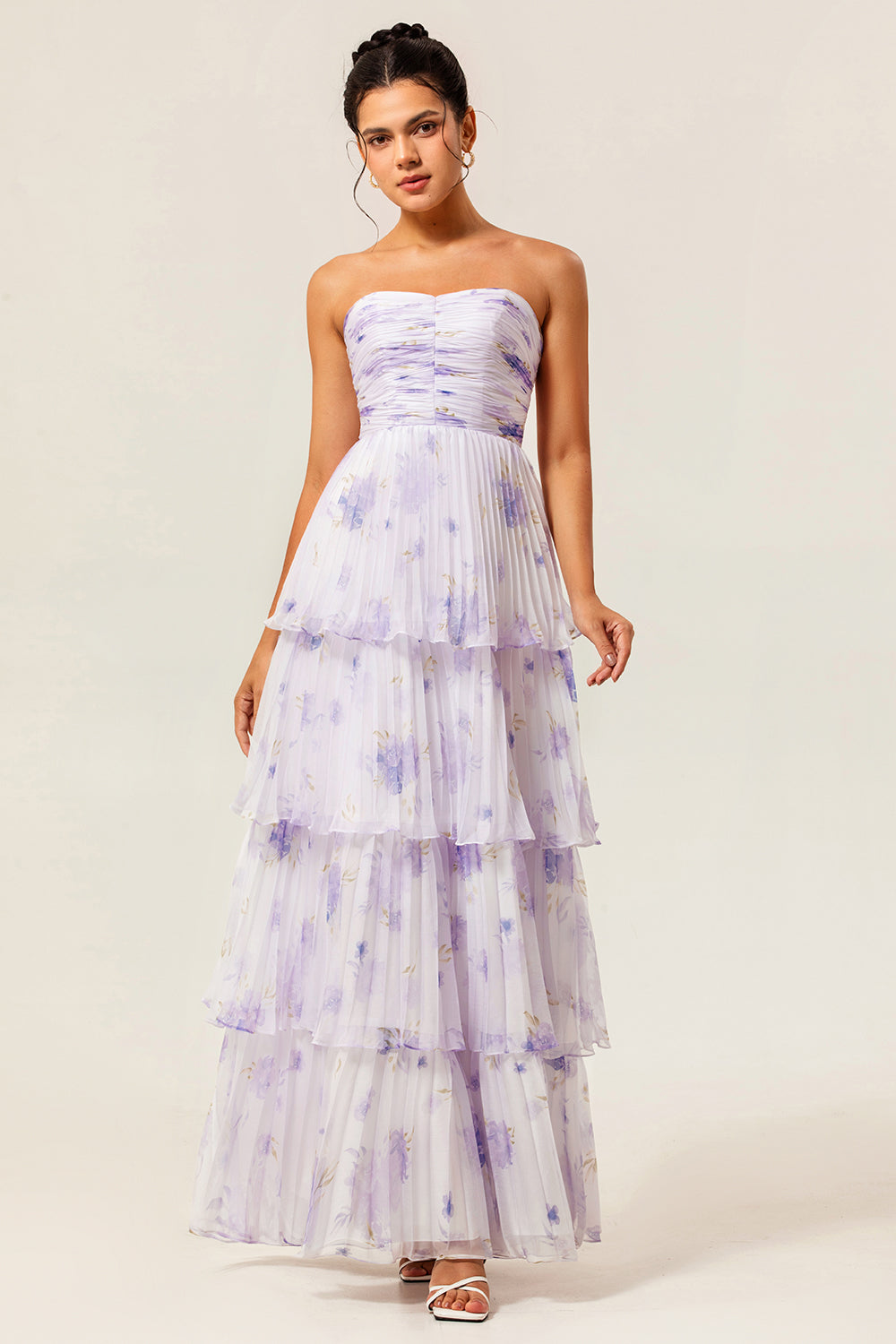 Lavender Floral Strapless Pleated Long Bridesmaid Dress with Ruffles