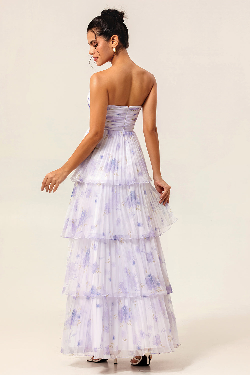 Lavender Floral Strapless Pleated Long Bridesmaid Dress with Ruffles