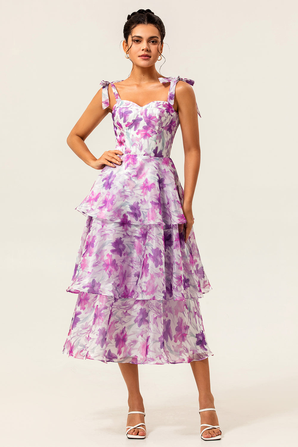 Purple Flower A Line Midi Wedding Guest Dress with Ruffles