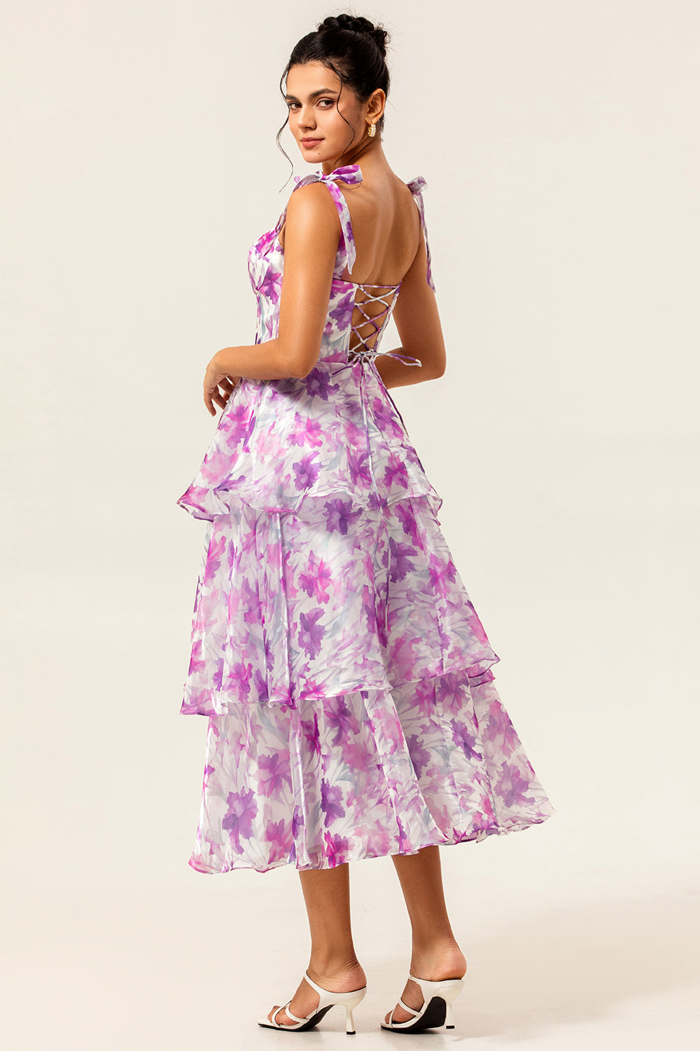 Purple Flower A Line Midi Wedding Guest Dress with Ruffles