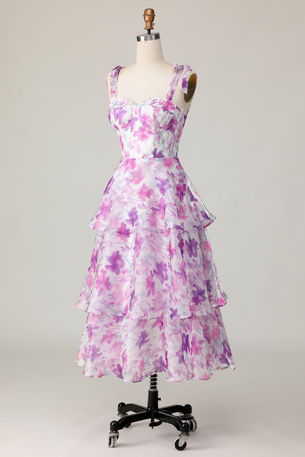 Purple Flower A Line Midi Wedding Guest Dress with Ruffles