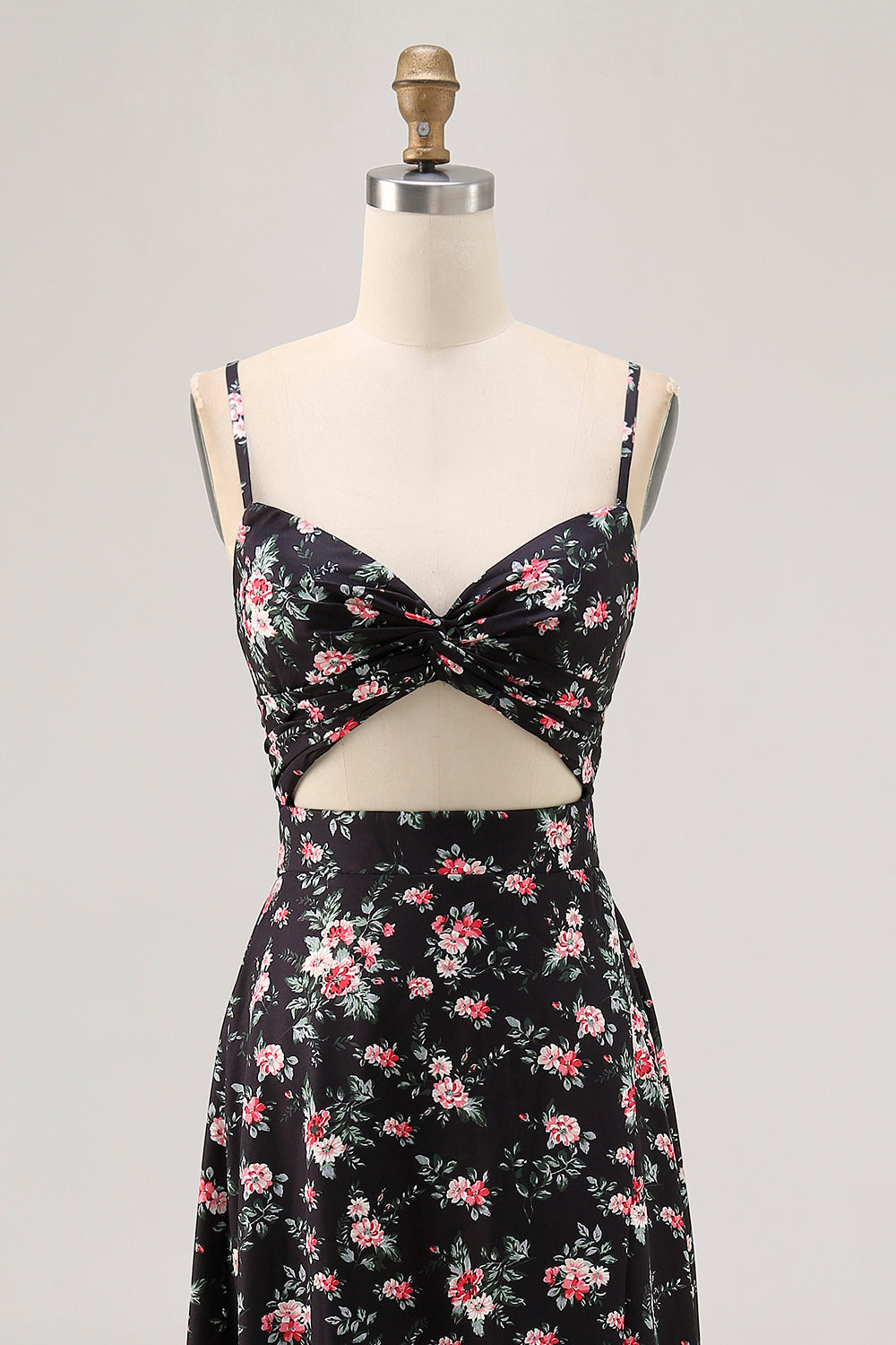 Black Floral Cut Out A Line Long Wedding Guest Dress with Slit