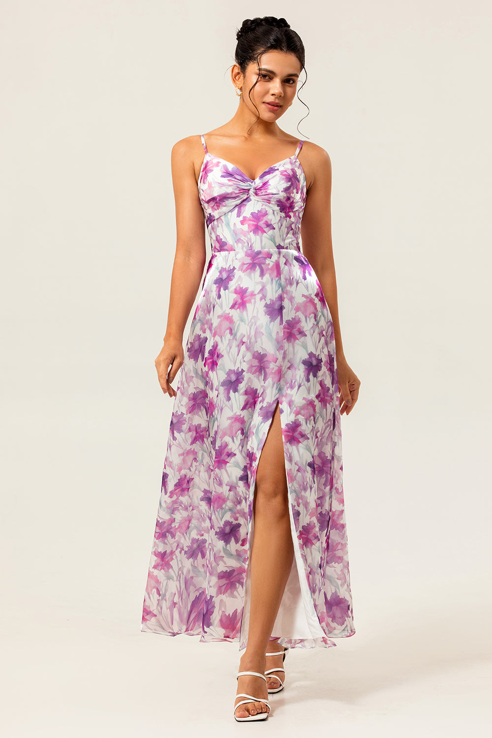 Purple Floral Chiffon Ruched Spaghetti Straps Long Wedding Guest Dress
