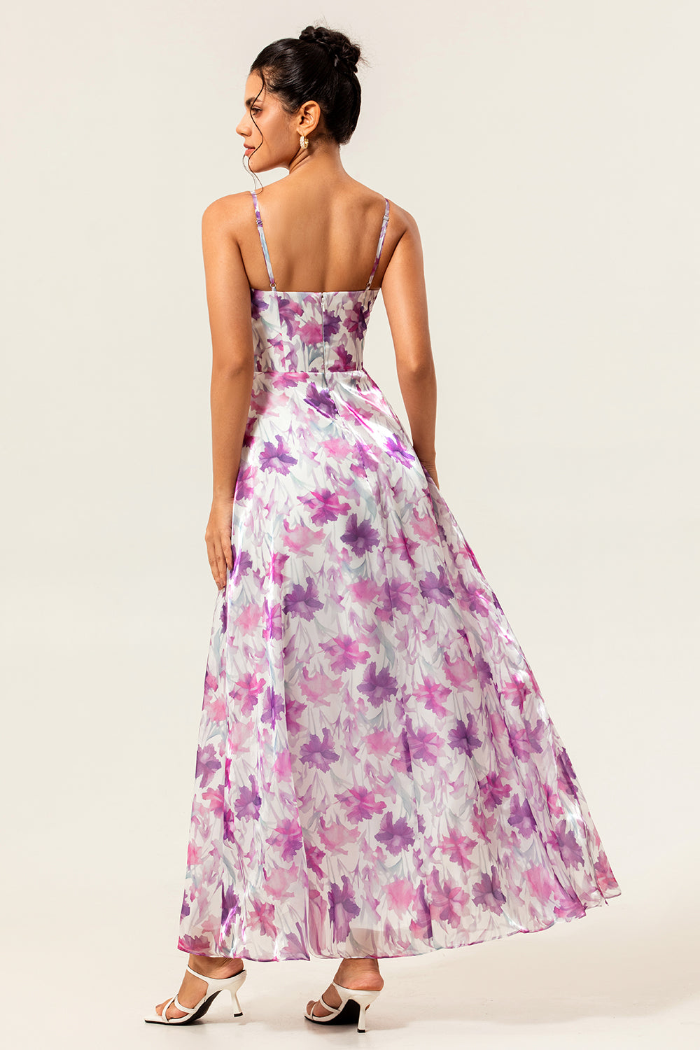 Purple Floral Chiffon Ruched Spaghetti Straps Long Wedding Guest Dress
