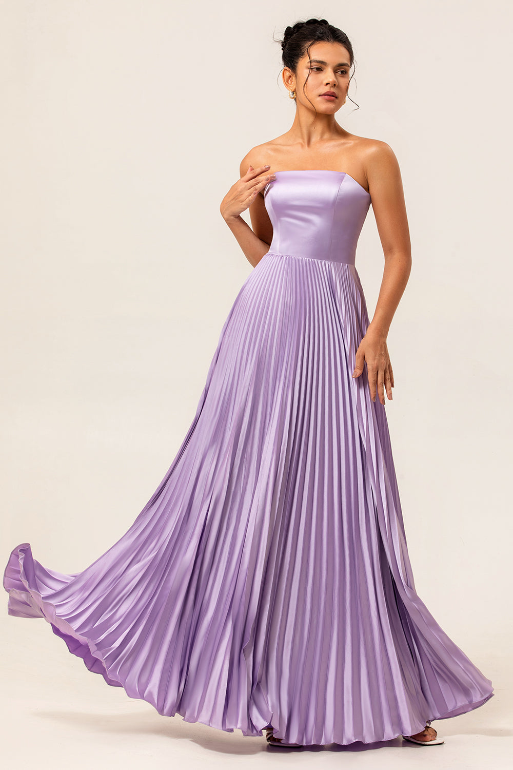 Lilac Strapless A Line Long Bridesmaid Dress with Pleats