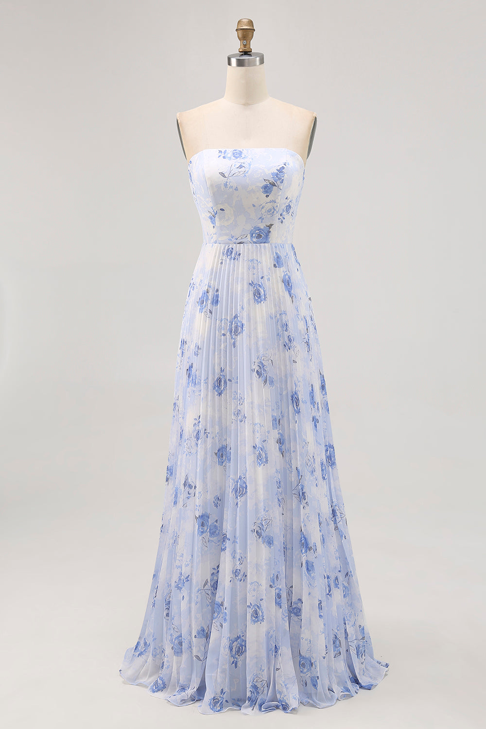 Blue Floral Chiffon Strapless Long Wedding Guest Dress with Pleats