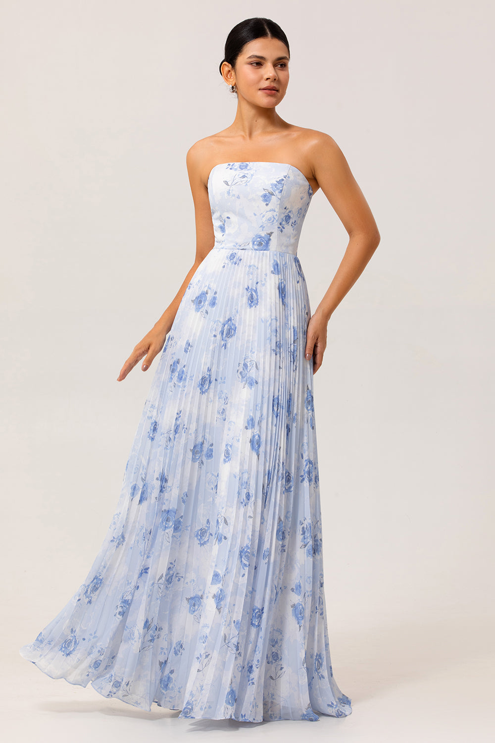 Blue Floral Chiffon Strapless Long Wedding Guest Dress with Pleats