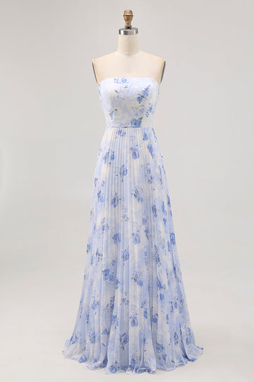 Blue Floral Chiffon Strapless Long Wedding Guest Dress with Pleats