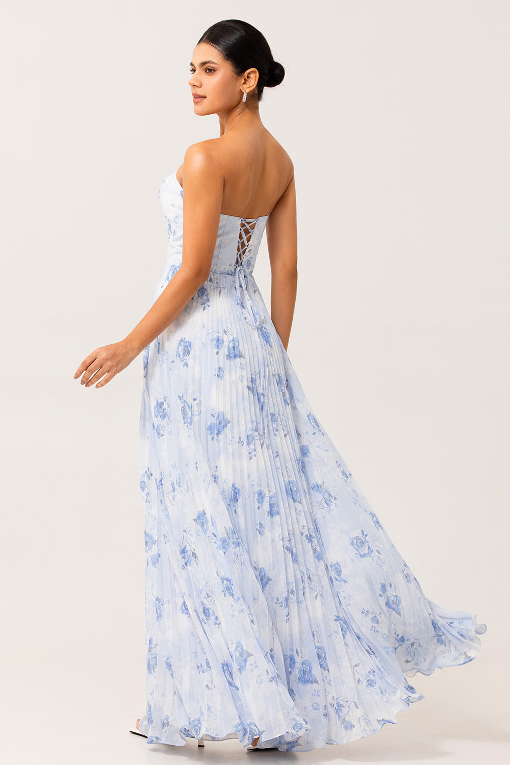Blue Floral Chiffon Strapless Long Wedding Guest Dress with Pleats