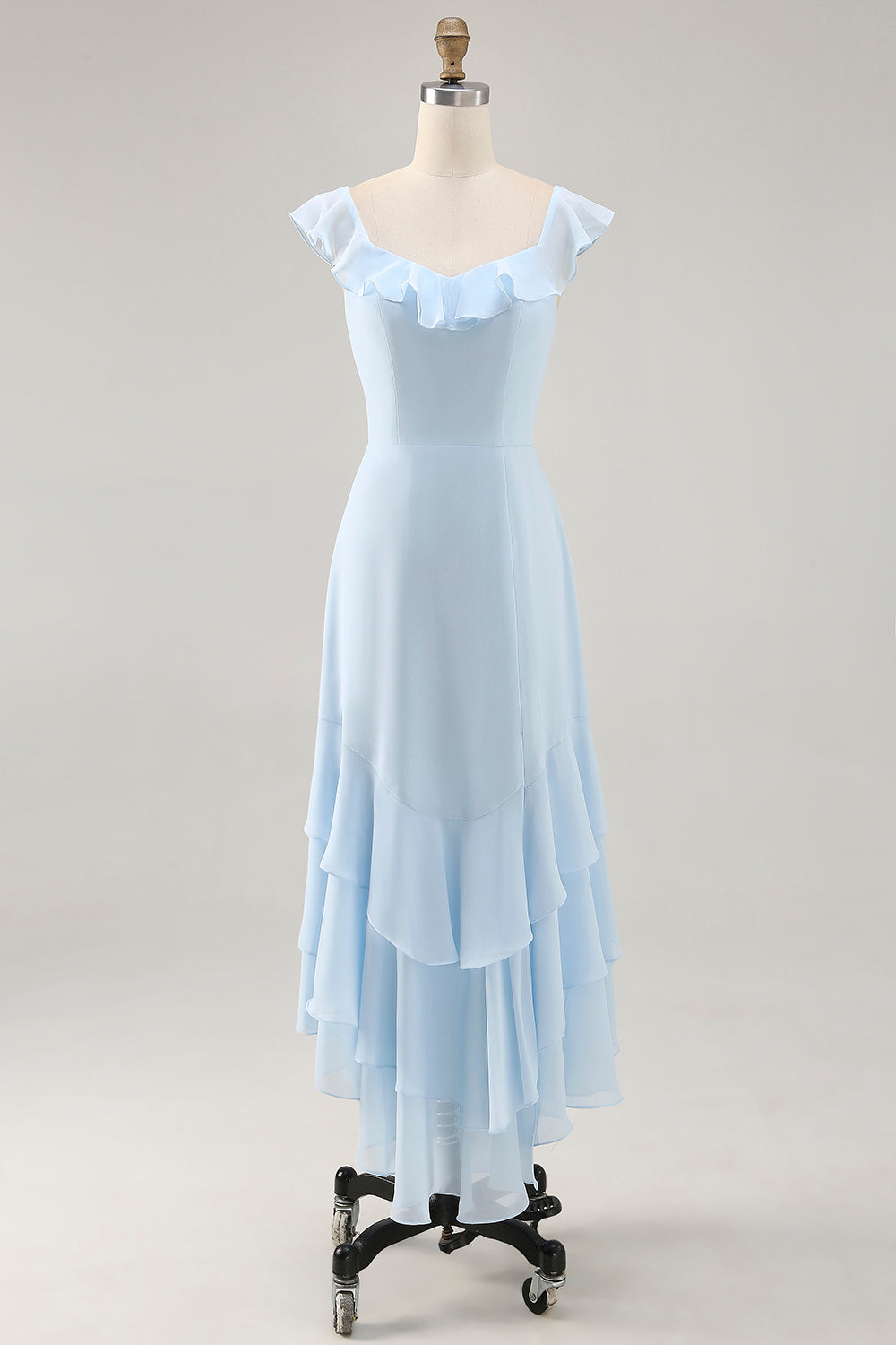 Sky Blue Chiffon Tiered Asymmetrical Bridesmaid Dress with Ruffles