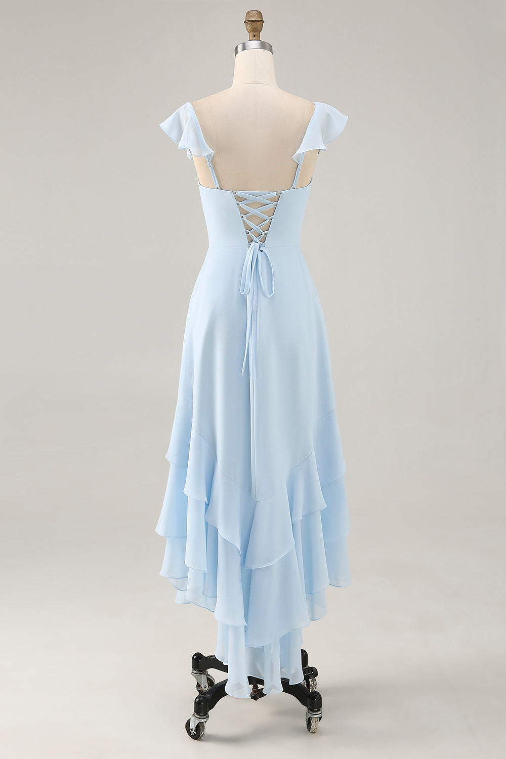 Sky Blue Chiffon Tiered Asymmetrical Bridesmaid Dress with Ruffles