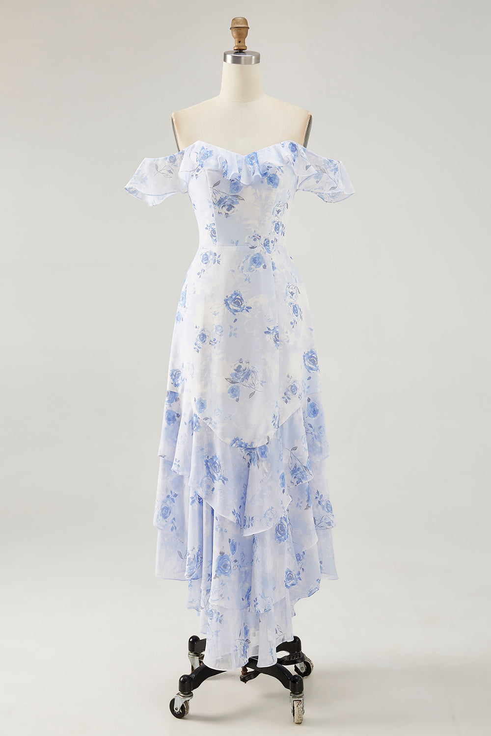 Blue Floral Tiered Chiffon Asymmetrical Wedding Guest Dress with Ruffles