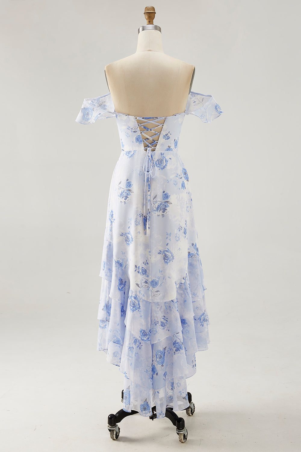 Blue Floral Tiered Chiffon Asymmetrical Wedding Guest Dress with Ruffles