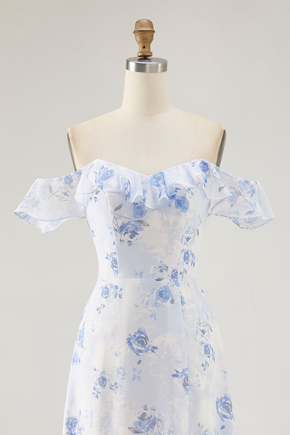 Blue Floral Tiered Chiffon Asymmetrical Wedding Guest Dress with Ruffles