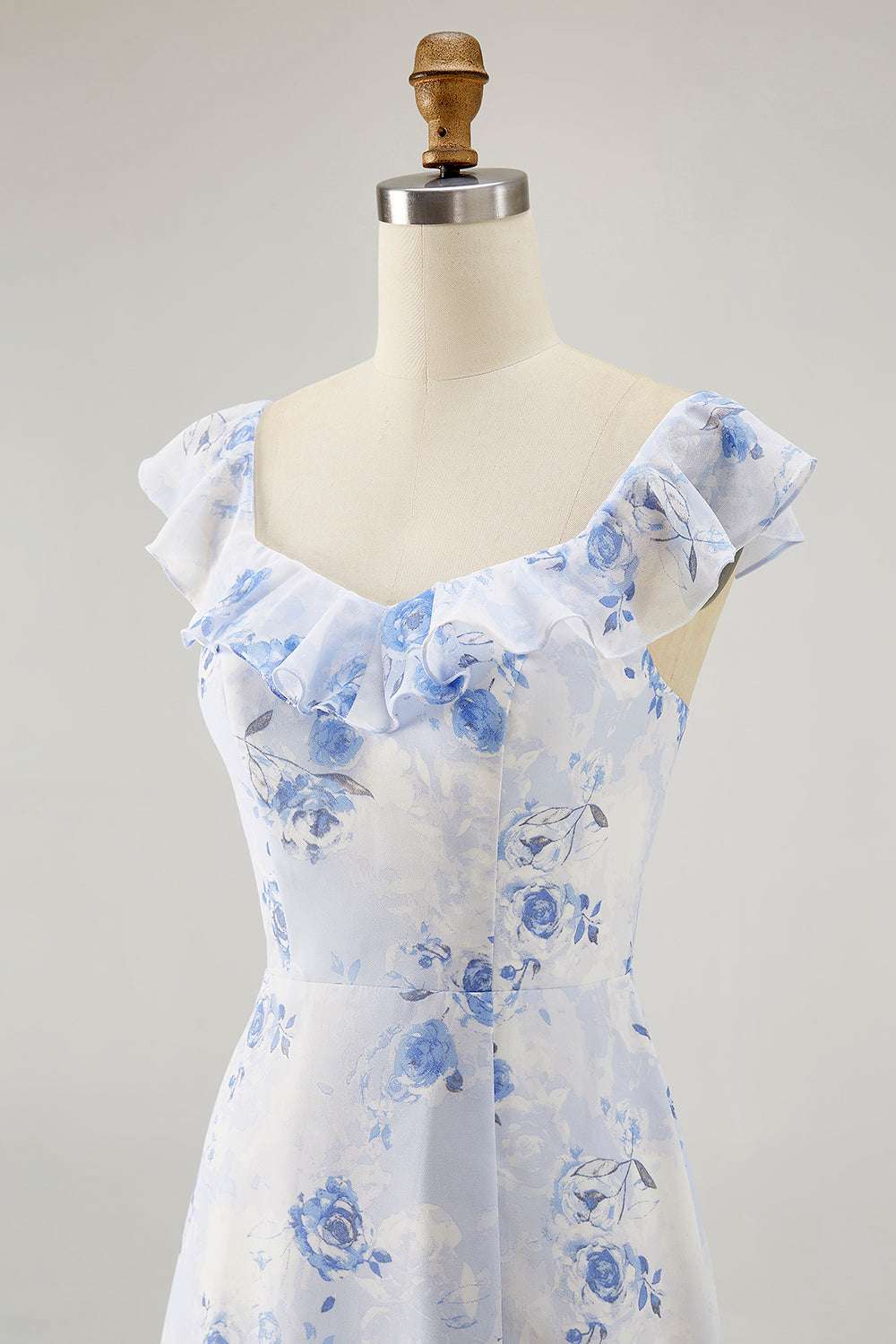 Blue Floral Tiered Chiffon Asymmetrical Wedding Guest Dress with Ruffles