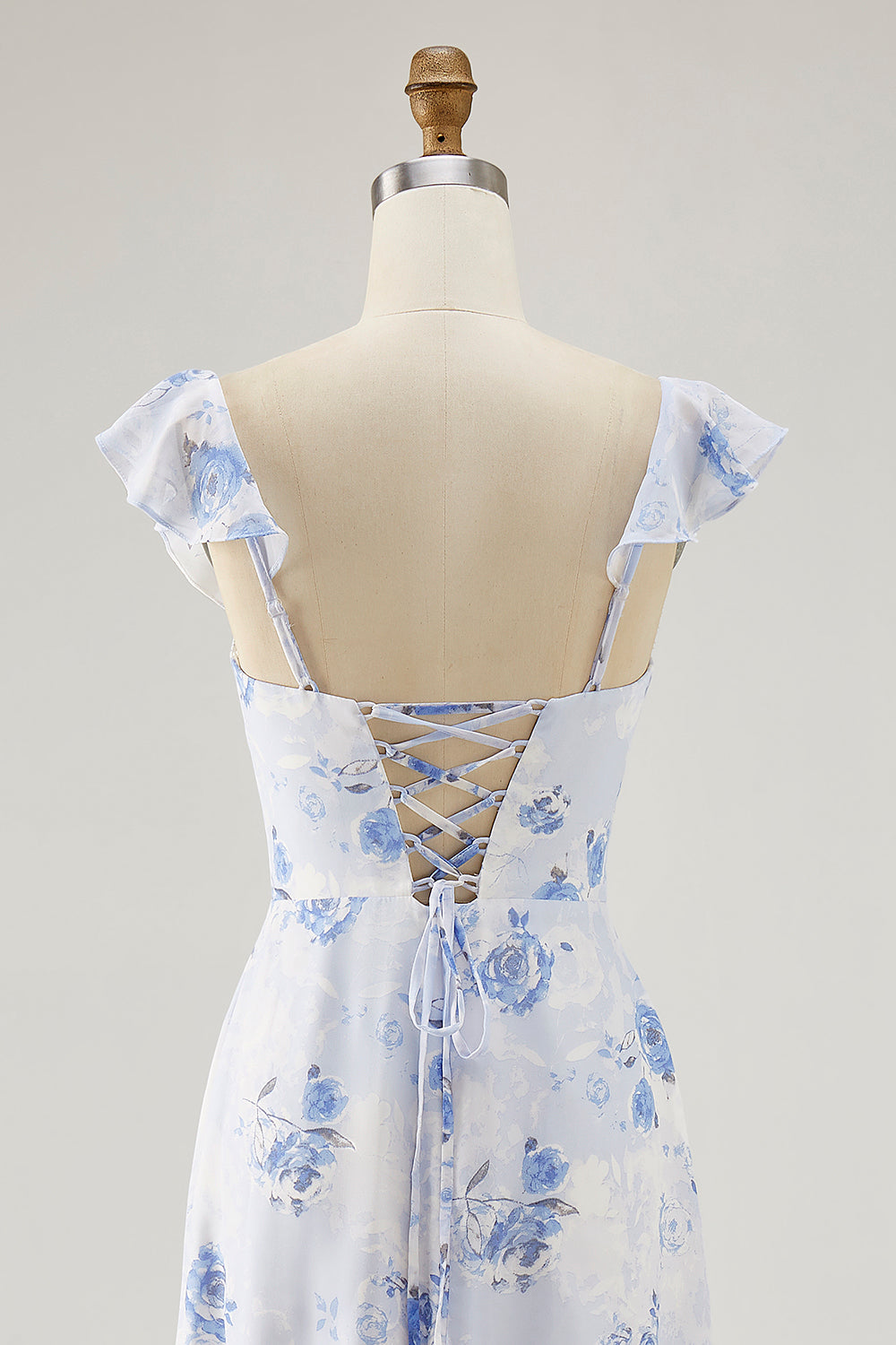 Blue Floral Tiered Chiffon Asymmetrical Wedding Guest Dress with Ruffles