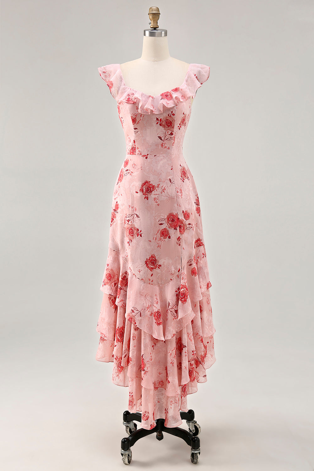 Blue Floral Tiered Chiffon Asymmetrical Wedding Guest Dress with Ruffles