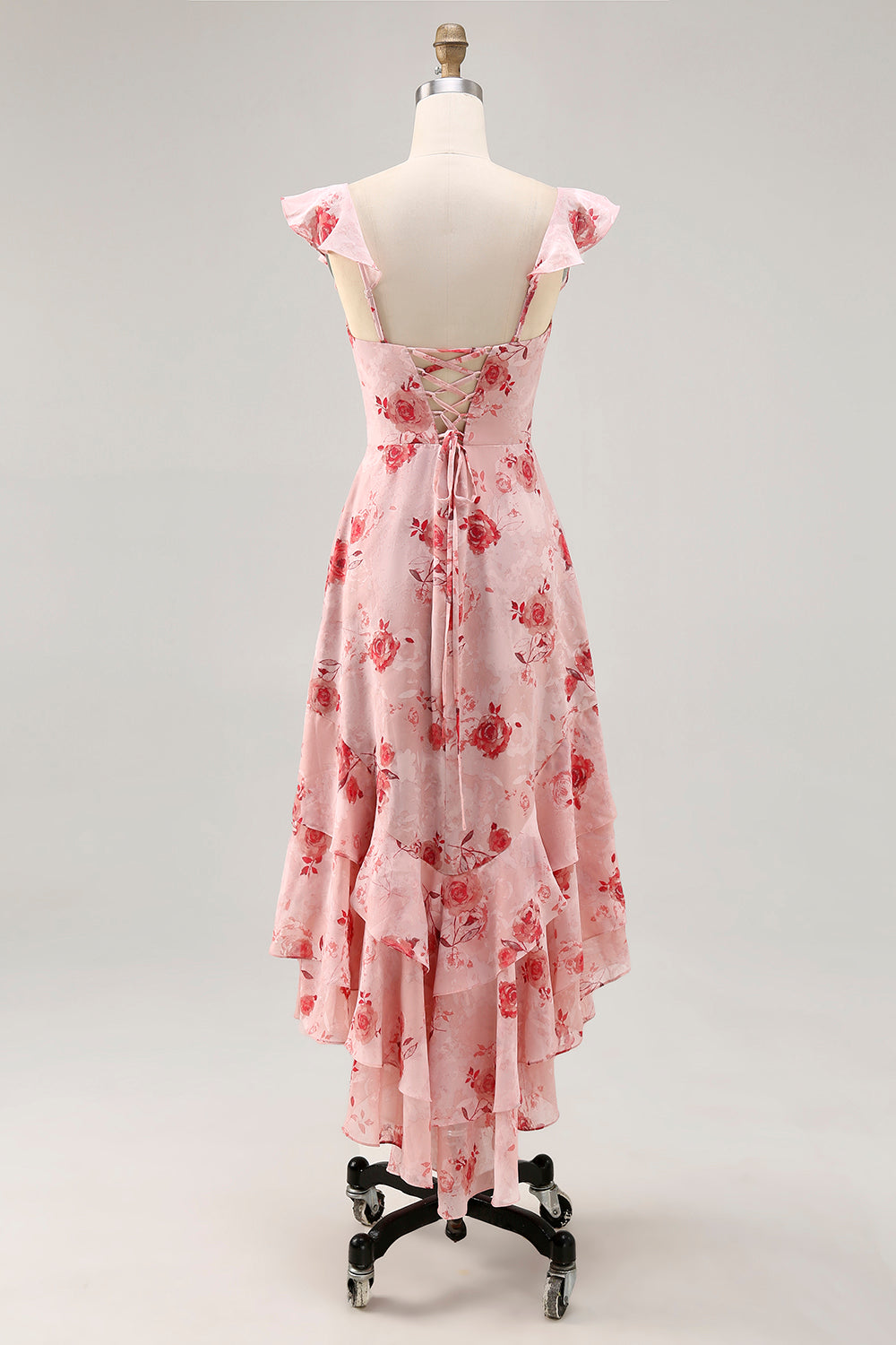 Blue Floral Tiered Chiffon Asymmetrical Wedding Guest Dress with Ruffles