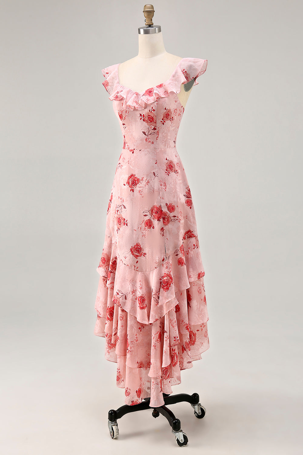 Blue Floral Tiered Chiffon Asymmetrical Wedding Guest Dress with Ruffles