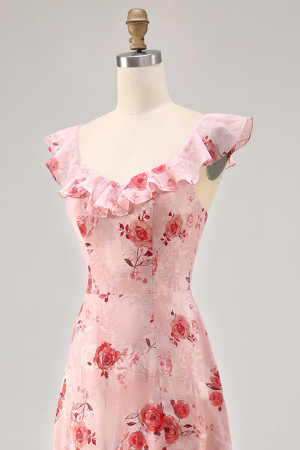Blue Floral Tiered Chiffon Asymmetrical Wedding Guest Dress with Ruffles