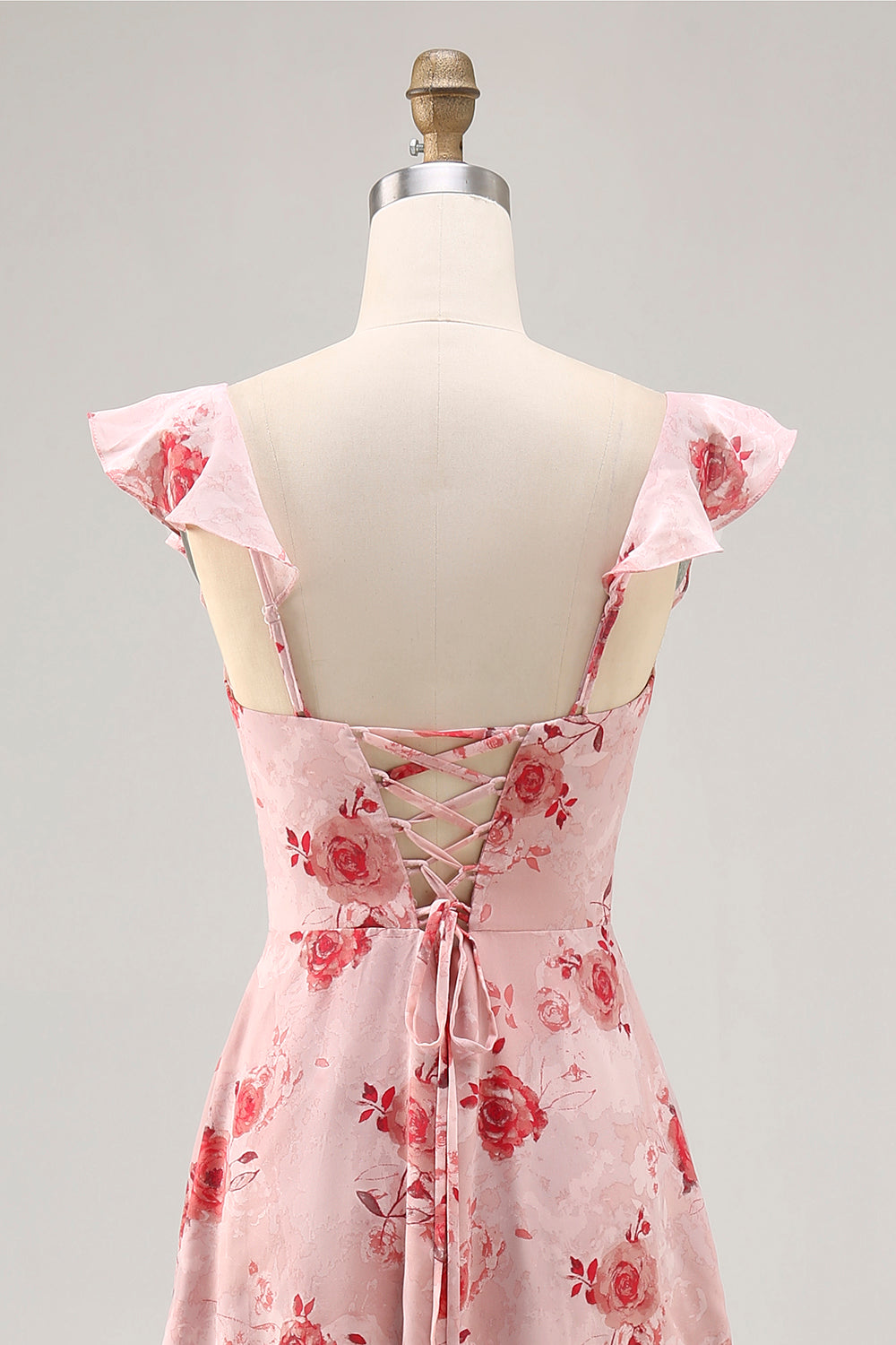 Blue Floral Tiered Chiffon Asymmetrical Wedding Guest Dress with Ruffles