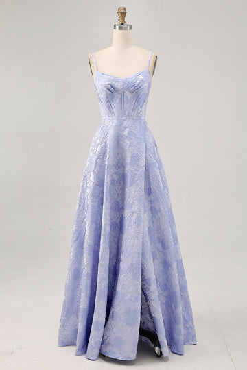 Blue Floral Jacquard Corset Long Wedding Guest Dress with Slit
