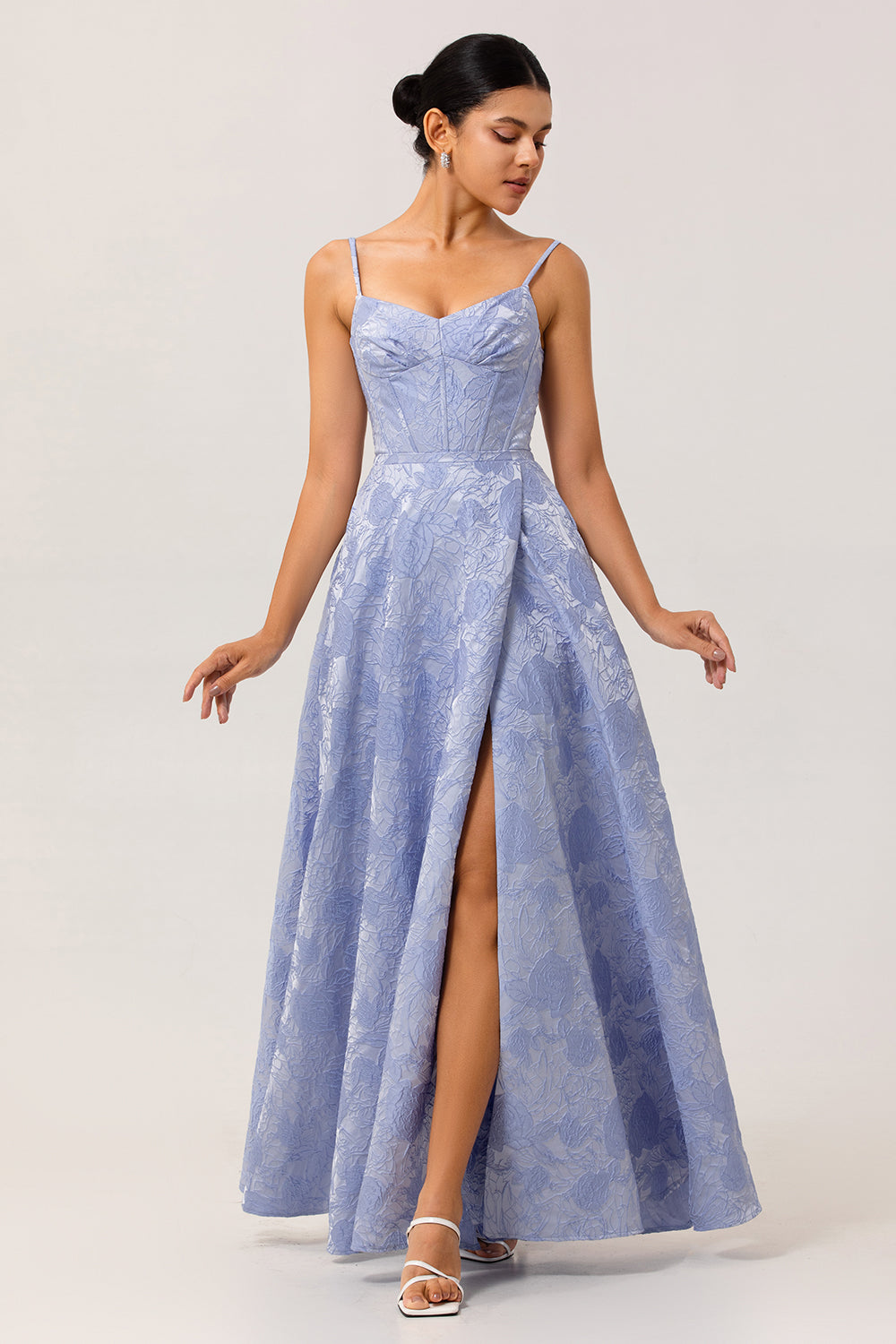 Blue Floral Jacquard Corset Long Wedding Guest Dress with Slit