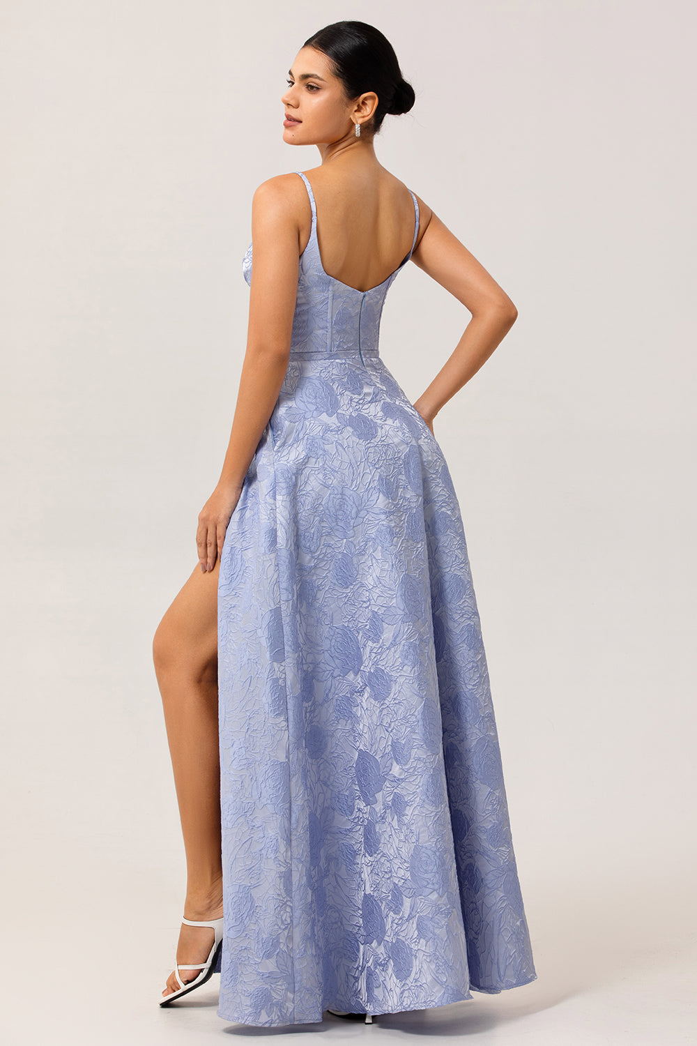 Blue Floral Jacquard Corset Long Wedding Guest Dress with Slit