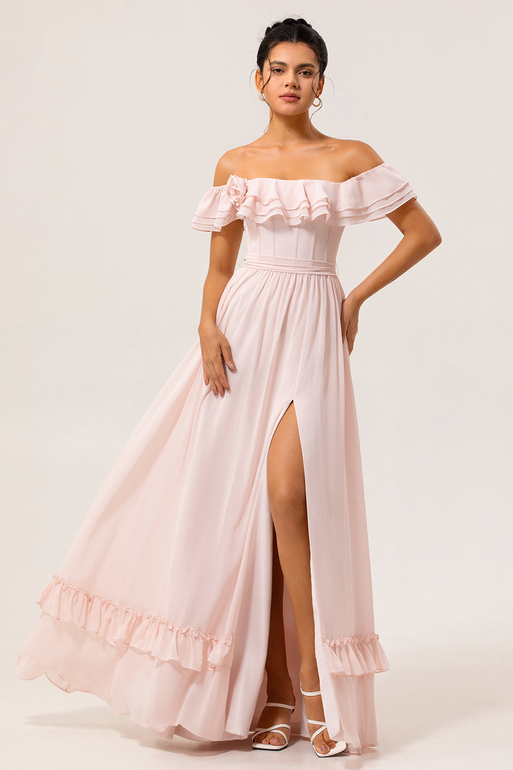 Blush Corset Floral Ruffled Long Bridesmaid Dress with Bow