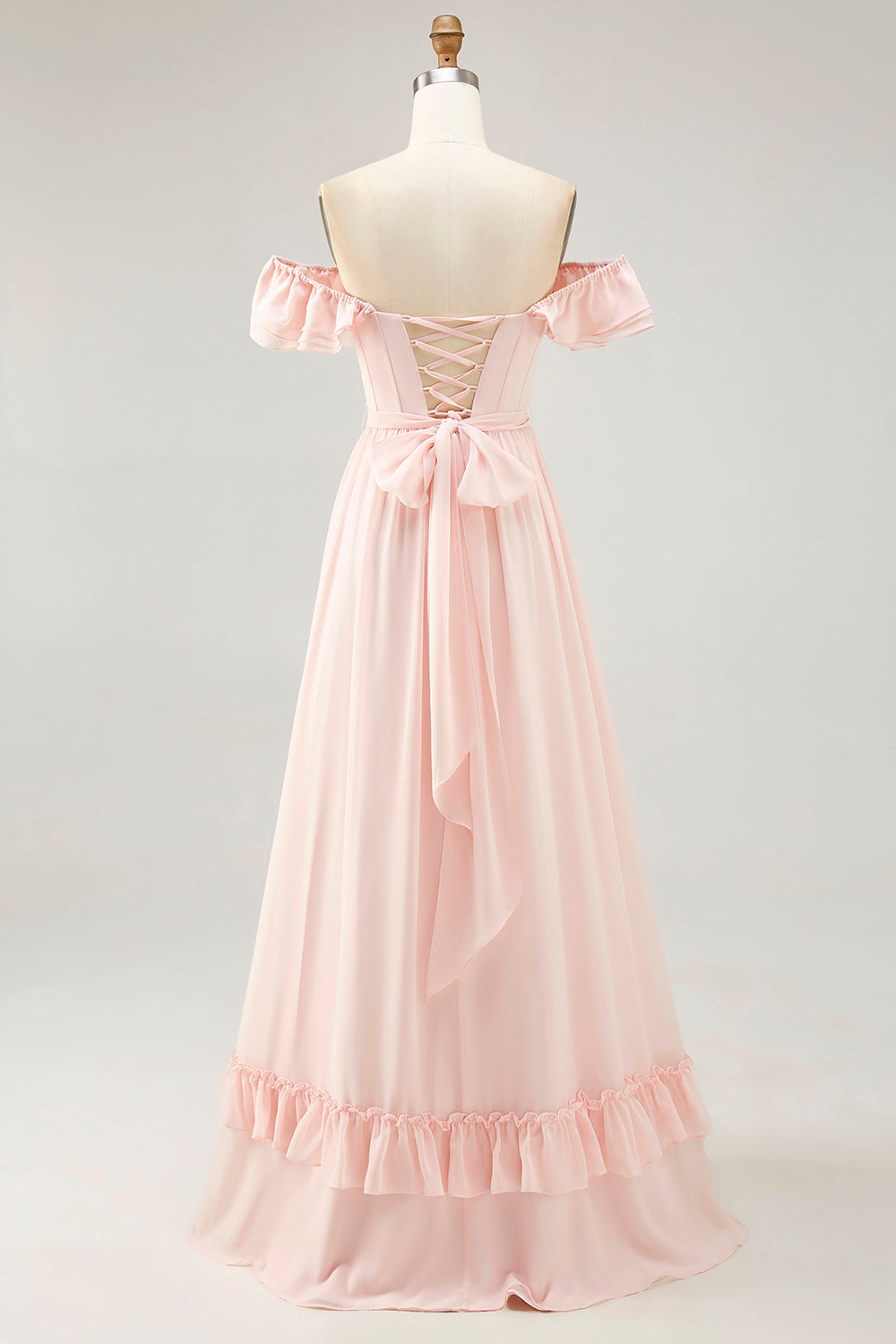 Blush Corset Floral Ruffled Long Bridesmaid Dress with Bow