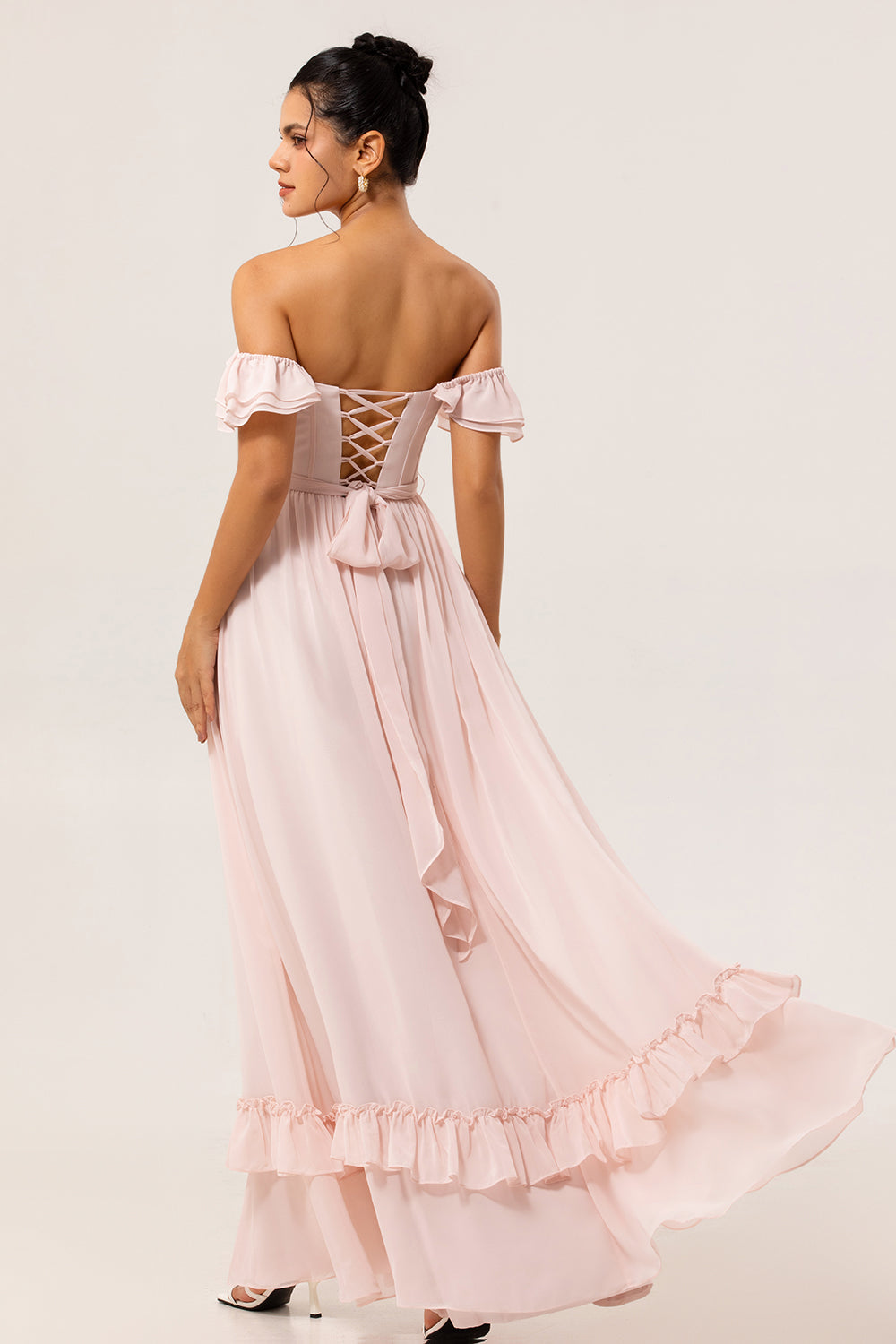 Blush Corset Floral Ruffled Long Bridesmaid Dress with Bow