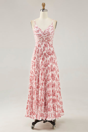 Blush Floral Pleated Chiffon A Line Long Wedding Guest Dress with Bow