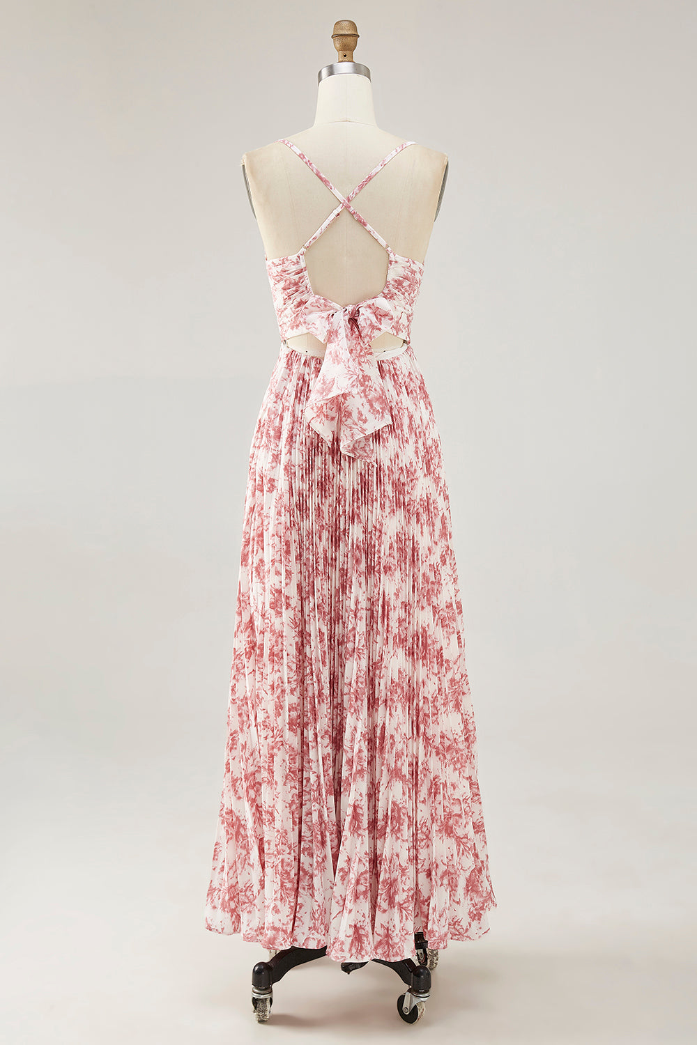 Blush Floral Pleated Chiffon A Line Long Wedding Guest Dress with Bow