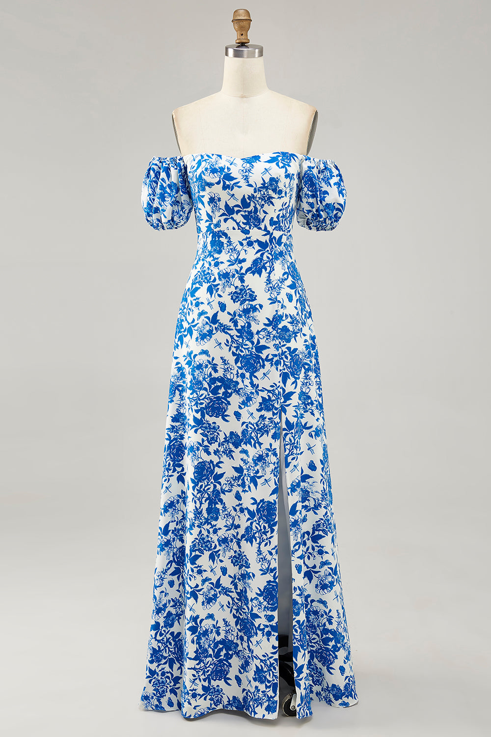 Blue Floral A Line Off the Shoulder Long Wedding Guest Dress with Slit