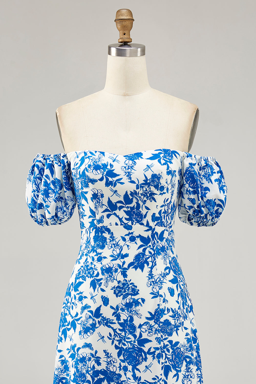 Blue Floral A Line Off the Shoulder Long Wedding Guest Dress with Slit