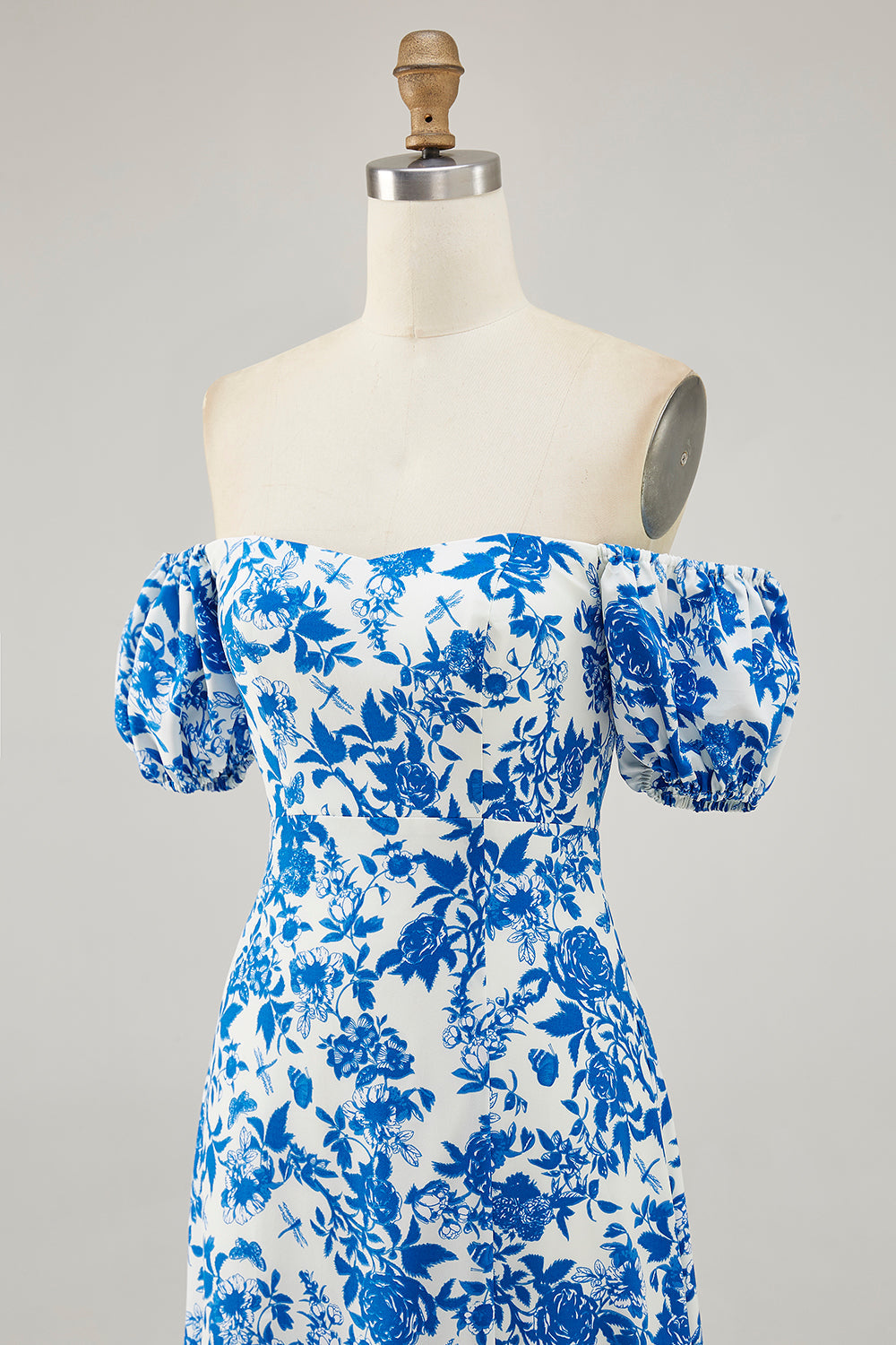 Blue Floral A Line Off the Shoulder Long Wedding Guest Dress with Slit