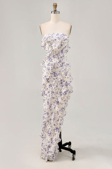 Blue Floral Strapless Ruffled Asymmetrical Wedding Guest Dress with Slit