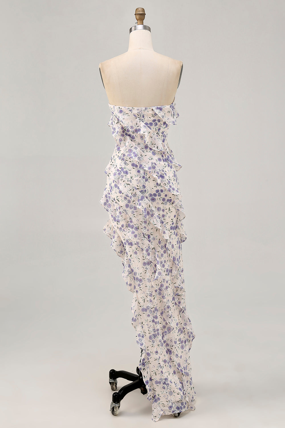 Blue Floral Strapless Ruffled Asymmetrical Wedding Guest Dress with Slit