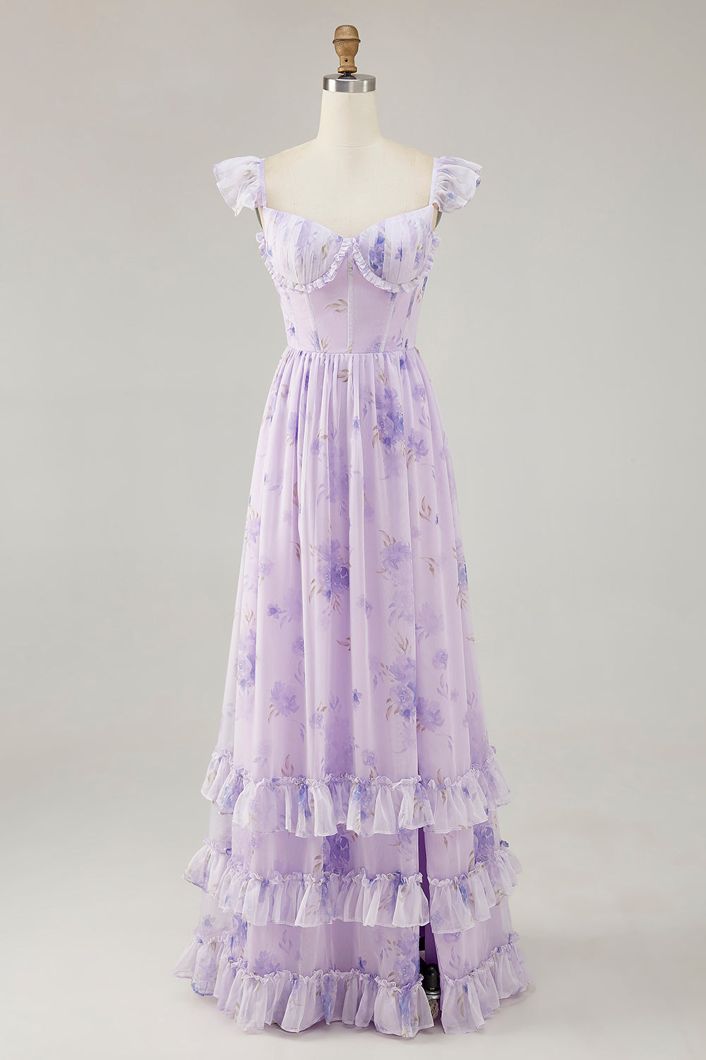 Lavender Floral Corset Ruffled Long Bridesmaid Dress with Slit