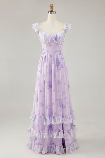 Lavender Floral Corset Ruffled Long Bridesmaid Dress with Slit