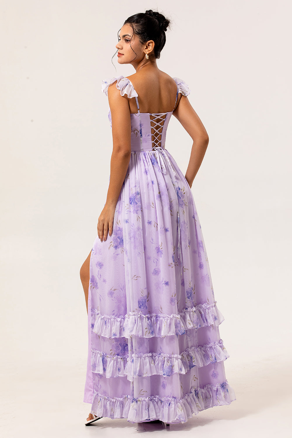 Lavender Floral Corset Ruffled Long Bridesmaid Dress with Slit