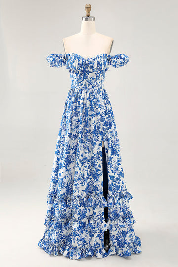 Blue Floral Corset Chiffon Ruffled Long Wedding Guest Dress with Slit