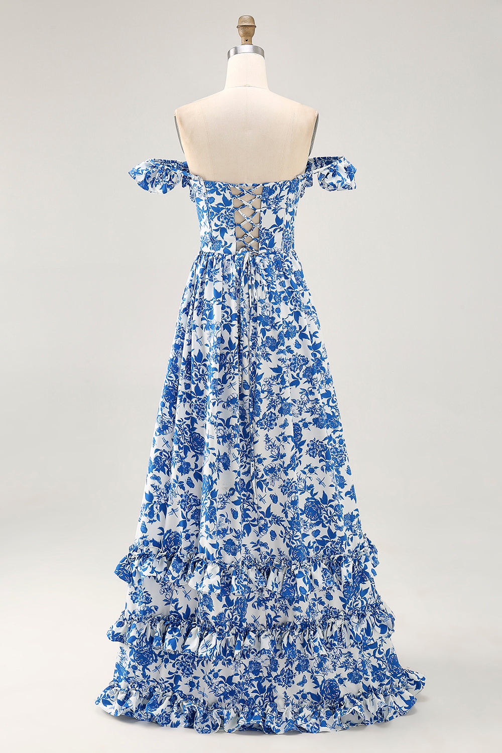 Blue Floral Corset Chiffon Ruffled Long Wedding Guest Dress with Slit