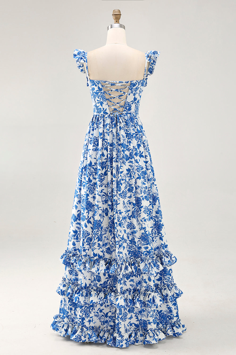 Blue Floral Corset Chiffon Ruffled Long Wedding Guest Dress with Slit