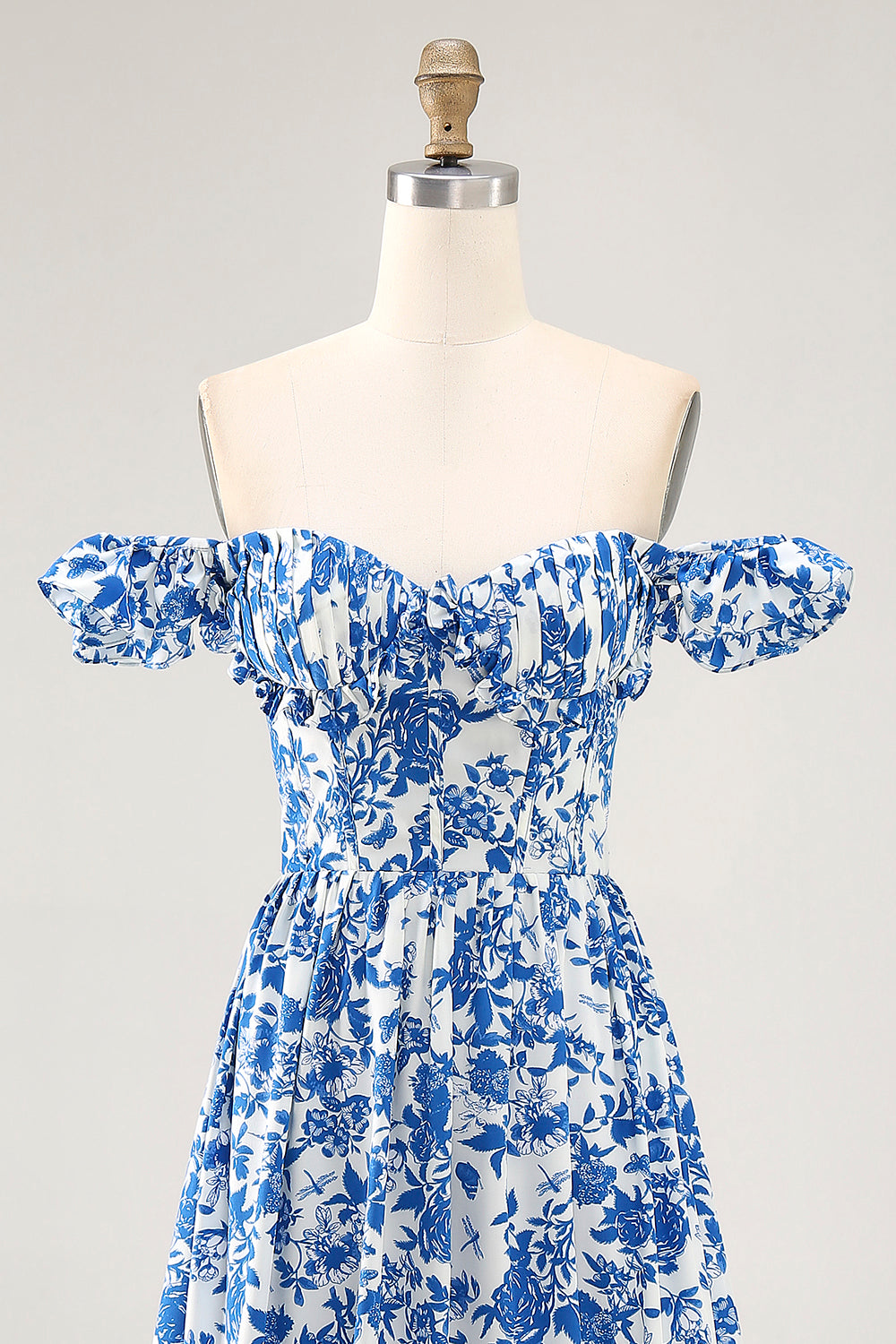 Blue Floral Corset Chiffon Ruffled Long Wedding Guest Dress with Slit