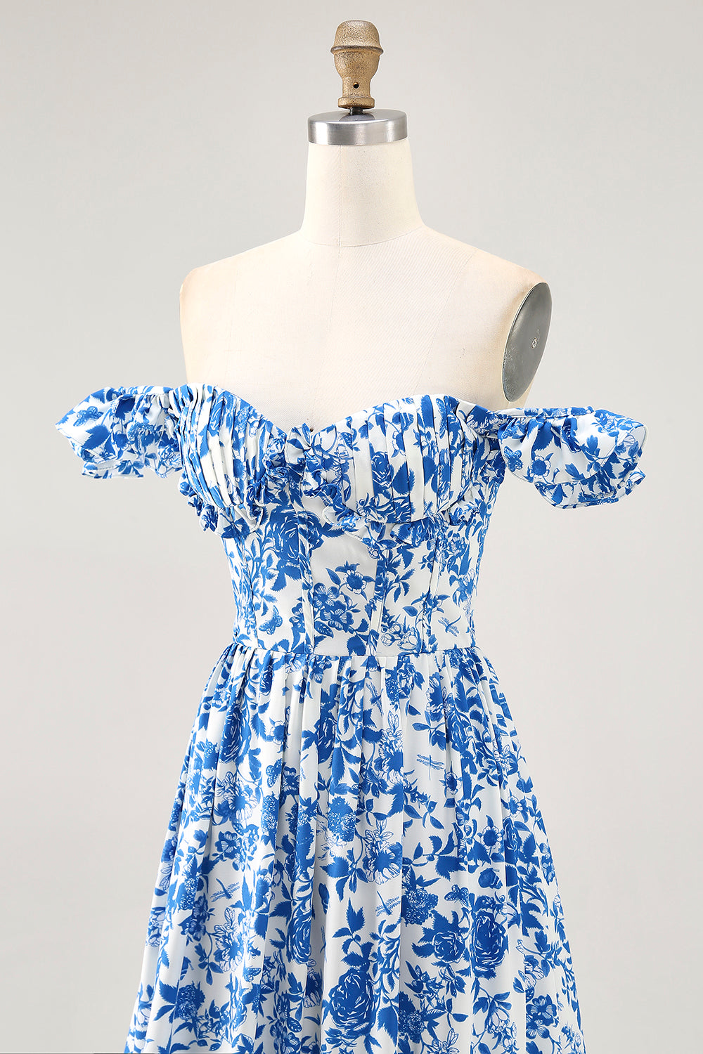 Blue Floral Corset Chiffon Ruffled Long Wedding Guest Dress with Slit