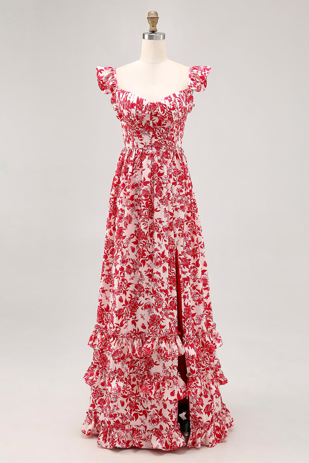 Blue Floral Corset Chiffon Ruffled Long Wedding Guest Dress with Slit