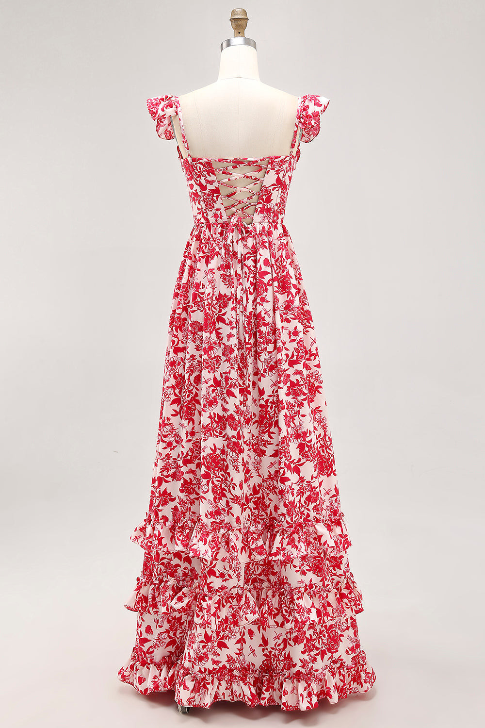 Blue Floral Corset Chiffon Ruffled Long Wedding Guest Dress with Slit