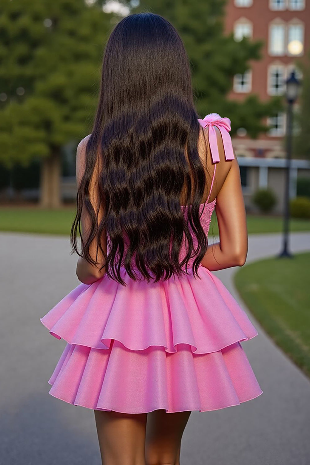 Glitter Pink Tiered A Line Short Corset Cocktail Dress with Lace