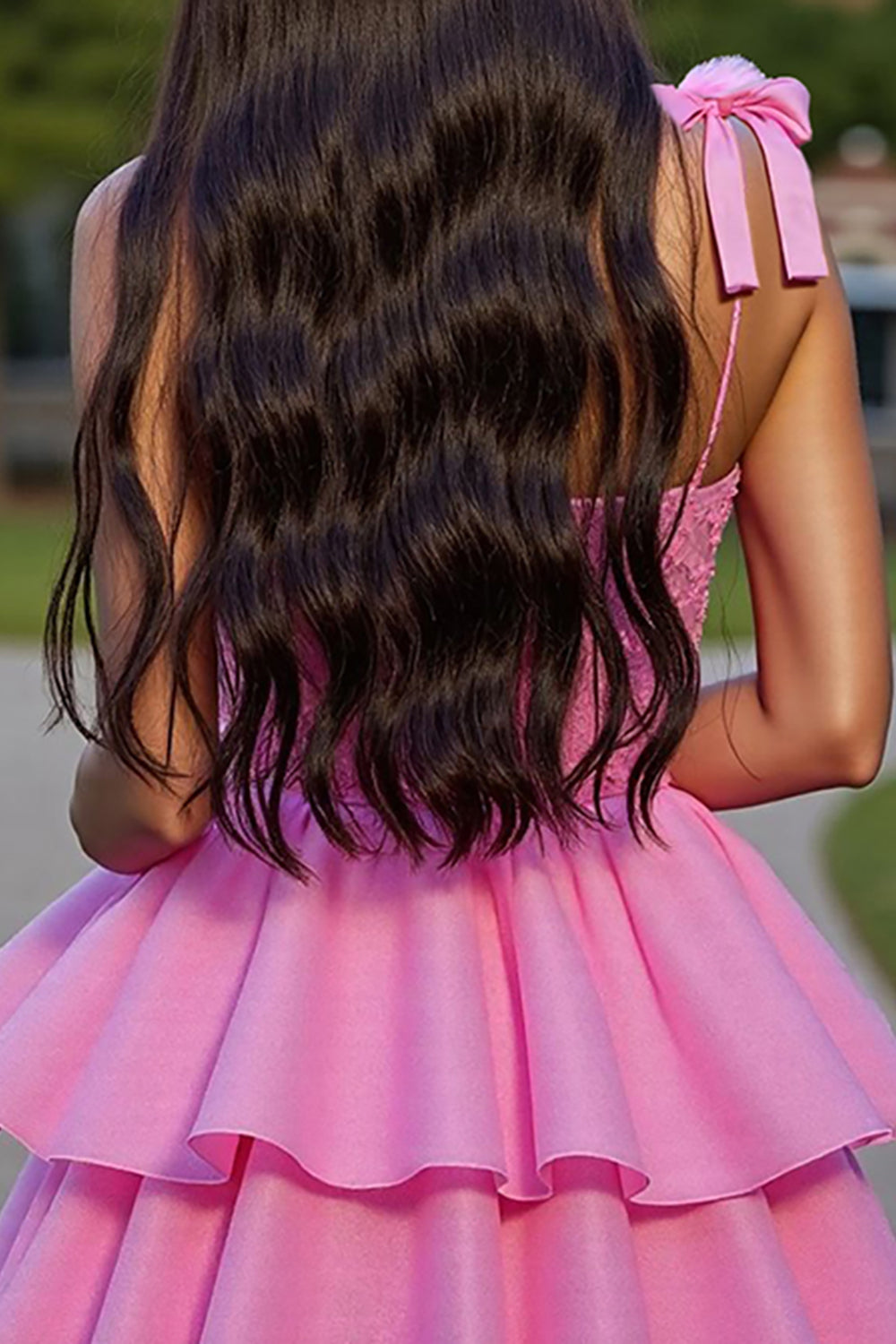 Glitter Pink Tiered A Line Short Corset Cocktail Dress with Lace